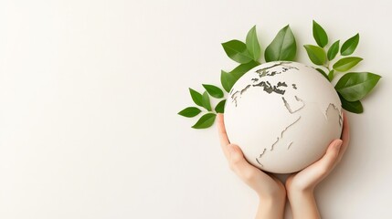 Hands holding a white globe with a map of the world, surrounded by green leaves.