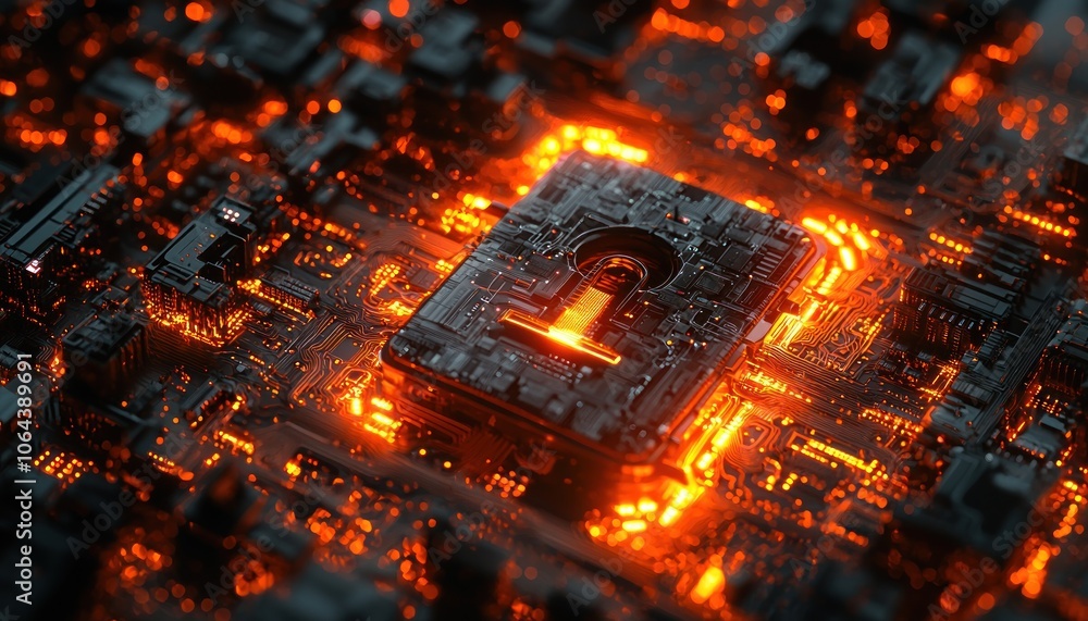 Poster Glowing Lock Symbol Embedded in a Futuristic Circuit Board
