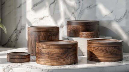A collection of wooden containers are arranged on a marble countertop. Generative AI