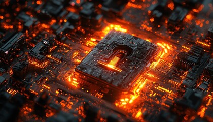 Glowing Lock Symbol Embedded in a Futuristic Circuit Board