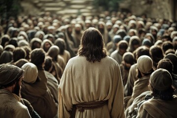 A captivating back view of Jesus Christ teaching his disciples. 
