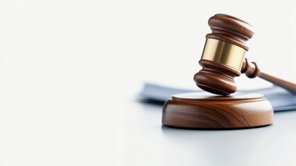 Wooden gavel on a table with documents in the background, symbolizing justice and legal proceedings in a professional setting.