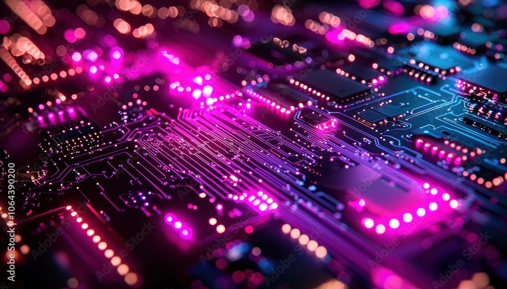 Poster a close-up of a circuit board with glowing pink and blue lines