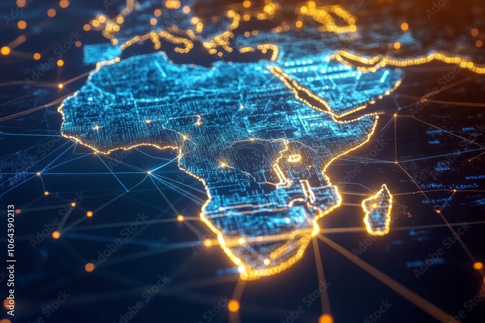 Poster a futuristic concept showcasing the integration of blockchain technology in africa.
