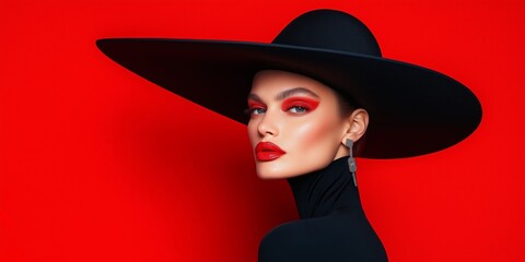 Portrait of a beautiful young female fashion model wearing a top hat.