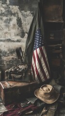 American flag draped across vintage military equipment, symbolizing history and service, muted colors, nostalgic tone, veterans day background, veterans day banner, Veterans Day 