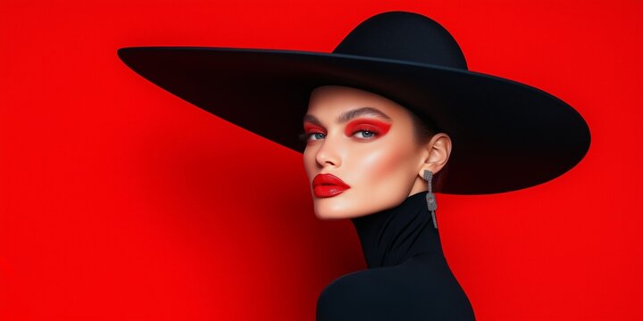 Portrait of a beautiful young female fashion model wearing a top hat.