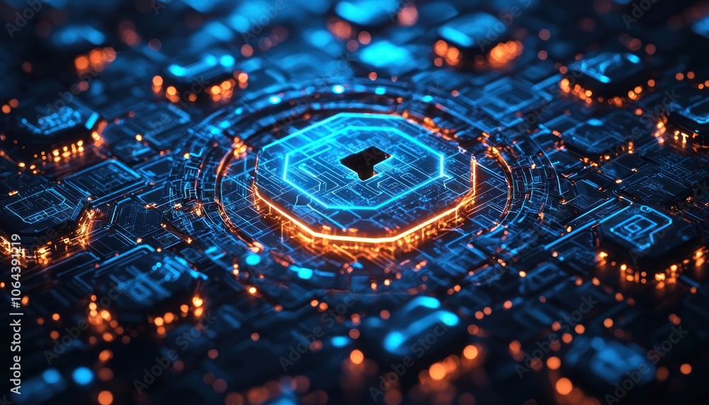 Poster abstract futuristic circuit board with glowing lines and shapes