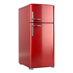 Retro-Style Red Refrigerator with Chrome Handles isolated on white background as transparent. PNG....