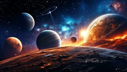 A vibrant alien planet in the dark night sky with Earth visible in the distance, surrounded by stars and clouds, creating a fantastical cosmic landscape