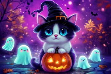 Cute cat character sporting a tiny jack-o'-lantern hat.