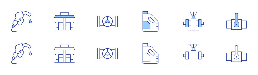 Natural petroleum icon set in two styles, Duotone and Thin Line style. Editable stroke. oil, dispenser, gas station, pipe, dippel oil