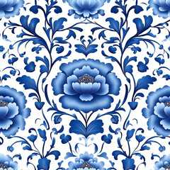 Seamless floral pattern inspired by traditional Chinese blue and white porcelain, elegant floral motifs, swirling vines, intricate details, white background, cobalt blue color