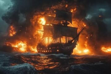 Obraz premium An epic battle unfolds between a massive galleon and a formidable sea monster.