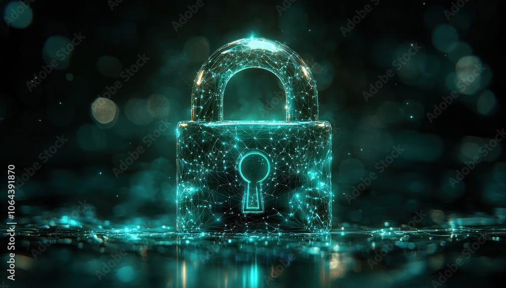 Poster glowing wireframe padlock with bokeh background