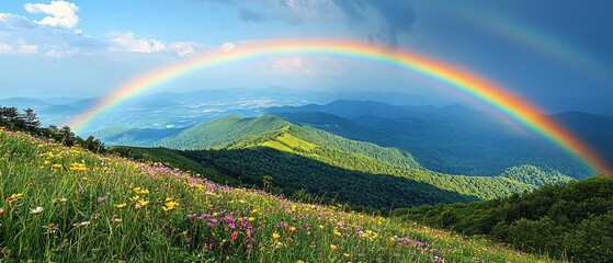 Obraz premium Rainbow Arcing Over Verdant Mountain Ranges and Wildflowers
