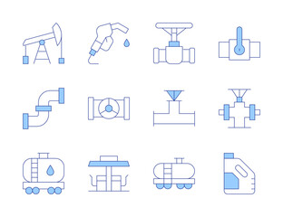 Natural petroleum icons. Line Duotone style, editable stroke. oil, oil pump, oil tank, valve, dispenser, gas station, pipe, dippel oil, tanker truck