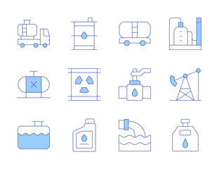 Natural petroleum icons. Line Duotone style, editable stroke. tank, tanker truck, valve, gasoline, oil bottle, oil tank, oil platform, tank truck, waste, factory, oil barrel