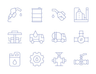 Natural petroleum icons. Thin Line style, editable stroke. barrel, dispenser, factory, fuel, gas station, maintenance, oil, oil pump, oil tanker, pipe, valve