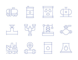 Natural petroleum icons. Thin Line style, editable stroke. oil barrel, oil derrick, oil platform, oil tank, oil valve, pipe, refinery, tank, tanker truck, valve