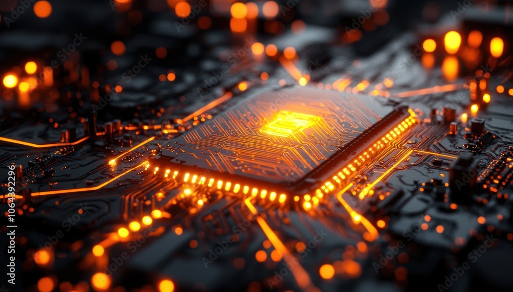 Poster Close-up of a glowing circuit board with a central processor