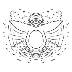 coloring illustration of penguin playing with snow