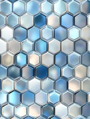 Abstract hexagonal tiles in blue tones, reflective surfaces, intricate geometric pattern.