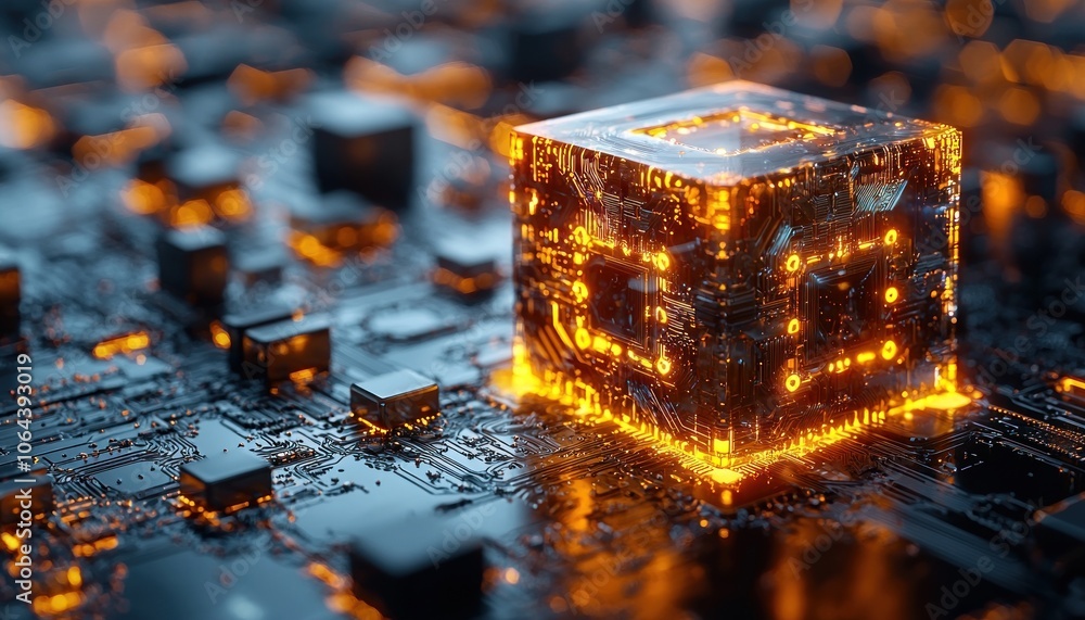 Poster glowing cube on a circuit board with orange lights