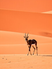 Oryx gazella walks over beautiful red sand dunes in Namib desert