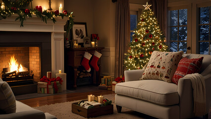 cozy Christmas scene featuring a beautifully decorated pine tree ornament positioned beside a comfortable sofa in a warmly lit fireplace room