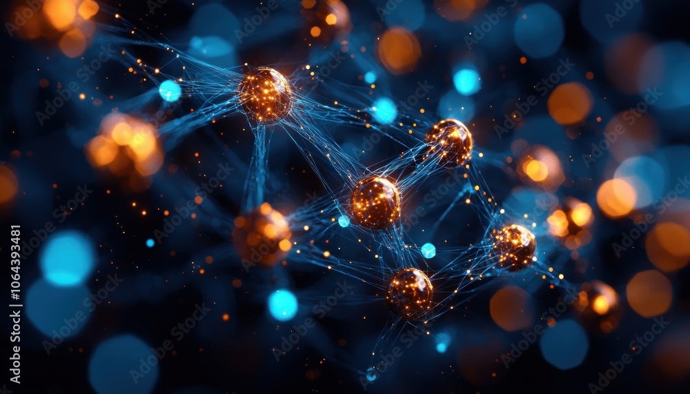 Poster interconnected glowing spheres and web-like structure