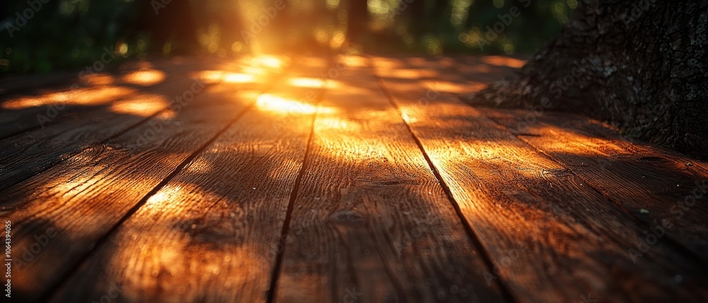Poster sunlight filtering through leaves casting shadows on wooden planks