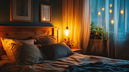 Cozy bedroom with warm lighting and soft textures