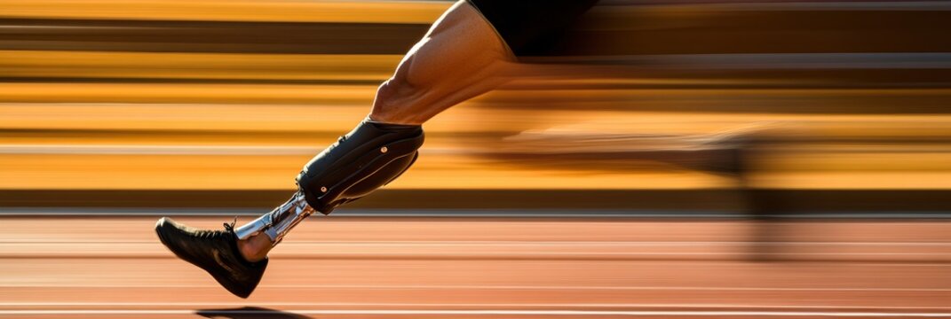 An athlete runs swiftly on a track, showcasing impressive speed and determination with a advanced prosthetic leg. Generative AI