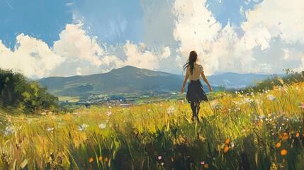 Fototapeta premium Young woman walking through lush meadows, gently touching the grass in a peaceful nature landscape, surrounded by green fields and wildflowers on a bright day 