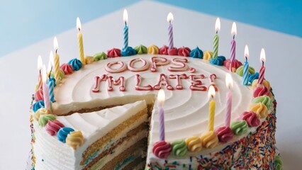 Funny birthday cake with "Oops, I'm Late!" written in frosting and missing slice. Whimsical belated celebration concept