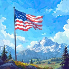 Obraz premium American flag flying over mountain landscape, bright blue sky, symbolizes freedom and sacrifice, high-quality detail, veterans day background, veterans day banner, Veterans Day