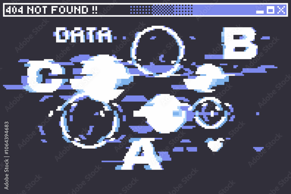 Aufkleber glitched blue leak 404 not found dialog with distorted circles and text, futuristic pixel art ilustr