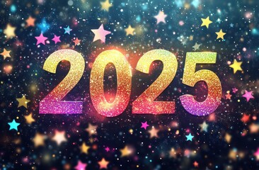 New Year celebrations with colorful glitter and sparkling stars on a dark background, ideal for festive themes and party invitations or social media posts