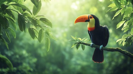 Creepy toucan perched on a branch in a lush forest surrounded by green vegetation, featuring a colorful and intriguing wallpaper design with ample copy space for custom text and graphics