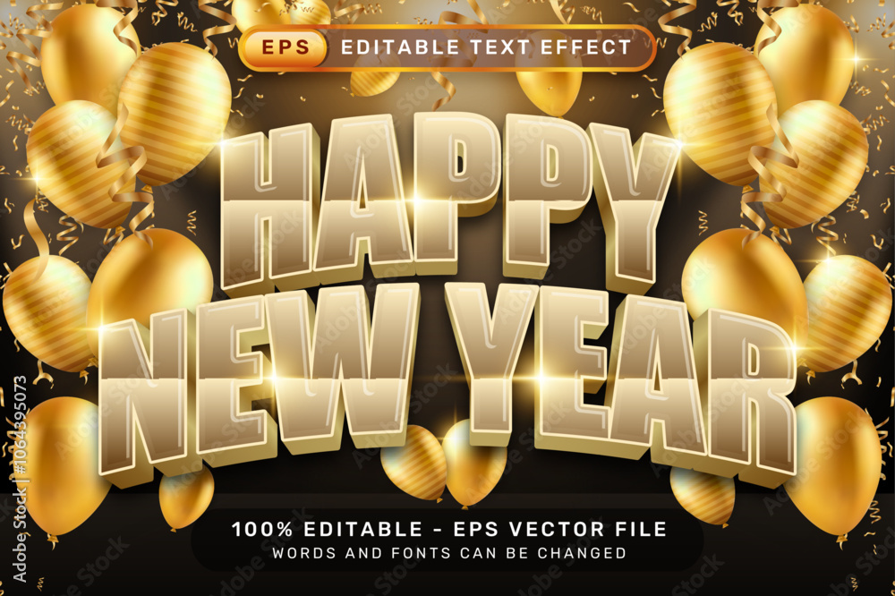 Poster happy new year 3d text effect and editable text effect with luxury background and balloon decoration