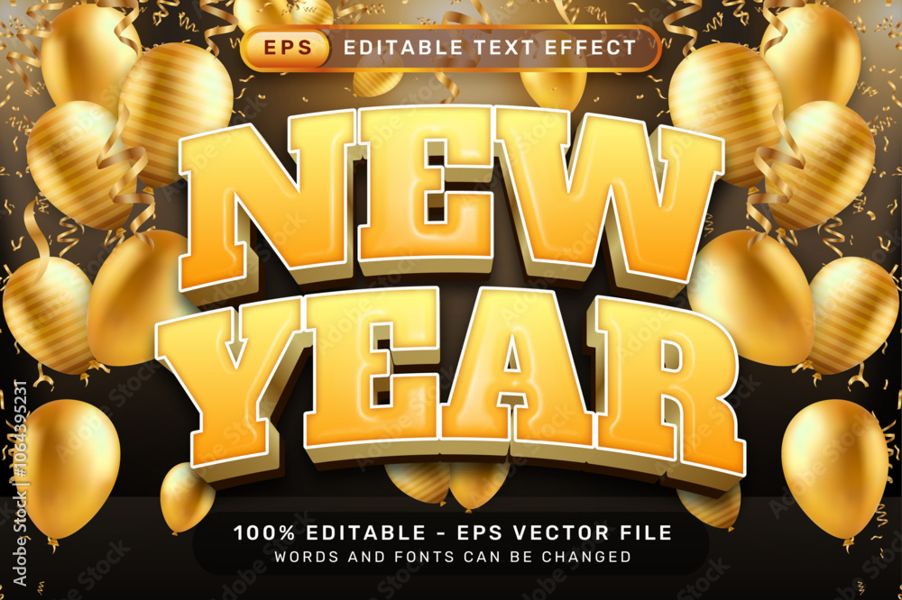 Poster happy new year 3d text effect and editable text effect with luxury background and balloon decoration