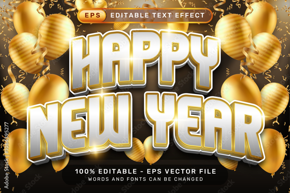Poster happy new year 3d text effect and editable text effect with luxury background and balloon decoration