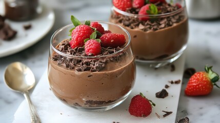 Delicious Chocolate Mousse with Raspberries and Chocolate Shavings