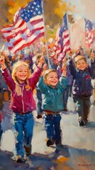 Naklejka premium Children waving flags and cheering in Veterans Day parade, joyful expressions, colorful and vibrant, small-town pride, veterans day background, veterans day banner, Veterans Day