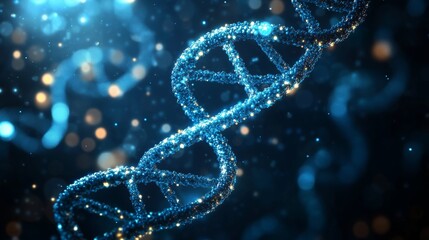 Abstract DNA strands in blue glow.