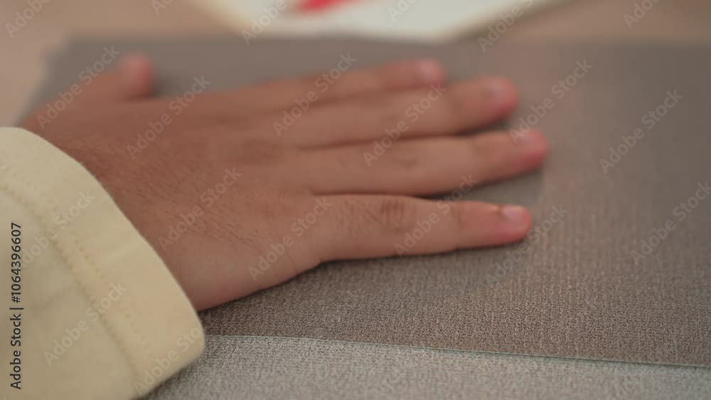 Poster slow motion hand closeup of professional architect and interior designer presenting material and col