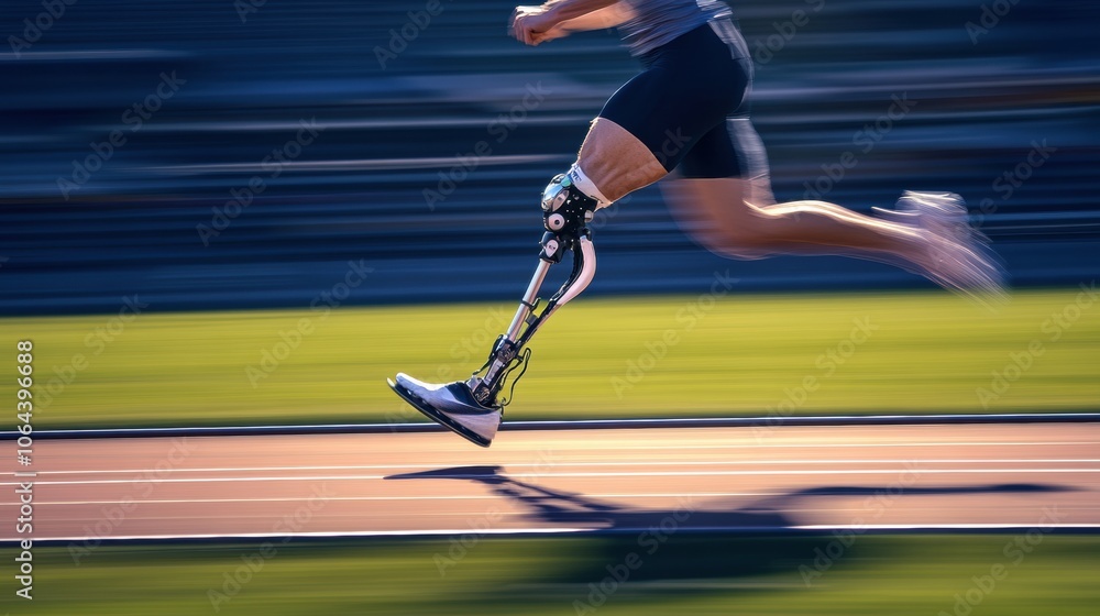 Poster an athlete runs swiftly on a track, demonstrating incredible speed and skill with a prosthetic leg d