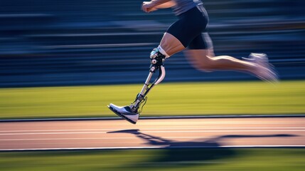 An athlete runs swiftly on a track, demonstrating incredible speed and skill with a prosthetic leg during a race. Generative AI