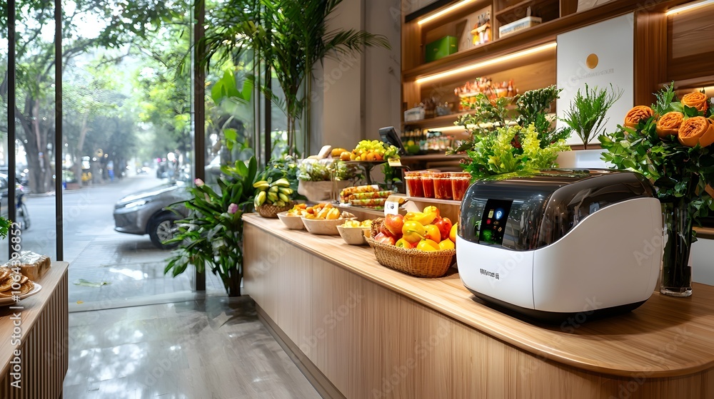 Aufkleber sleek and modern retail store interior featuring automated checkout counters equipped with and facia